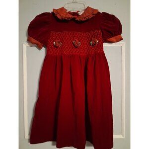 Velvet Burgundy Dress Smocked Roses  Girls Size 6 Vintage  Cottagecore
